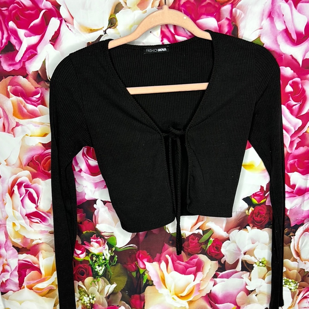 Fashion Nova Black Ribbed Tie-Front Top